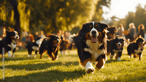 Joyful Bernese Mountain Dogs Enjoying Playtime with Families in a Sunny Park photo