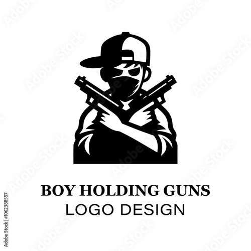  "Boy holding guns illustration logo design, suitable for gaming logos, military-themed e-sports teams, or action game branding seeking bold, unique artwork"
