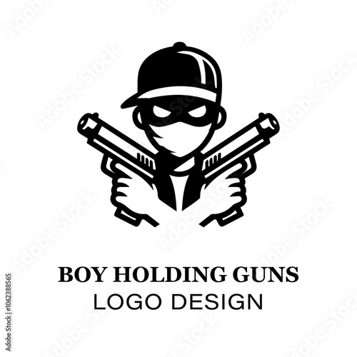  "Boy holding guns illustration logo design, suitable for gaming logos, military-themed e-sports teams, or action game branding seeking bold, unique artwork"
