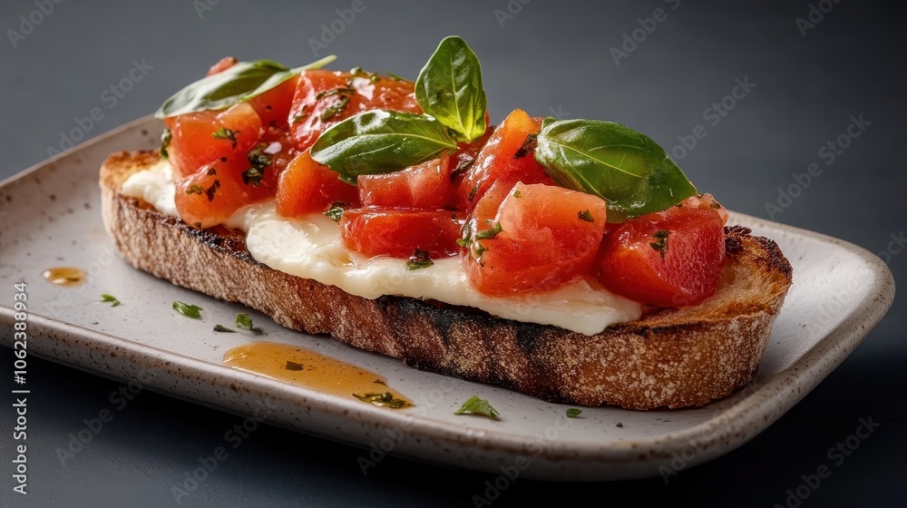 A delicious bruschetta topped with tomatoes, basil, and cheese on a ceramic plate, evoking the sense of fresh Italian cuisine and culinary artistry. A delicious bruschetta topped with tomatoes, basil, and cheese on a ceramic plate, evoking the sense of fresh Italian cuisine and culinary artistry.