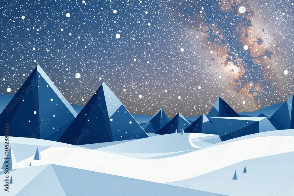 Fototapeta premium Geometric winter landscape with mountains and starry night sky 
