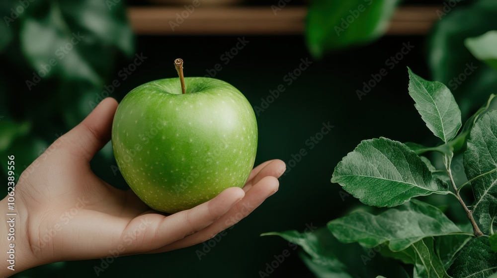 A crisp green apple with a smooth texture is gently held in a hand among lush foliage, symbolizing purity, freshness, and nature's bounty in its simplest form. A crisp green apple with a smooth texture is gently held in a hand among lush foliage, symbolizing purity, freshness, and nature's bounty in its simplest form.