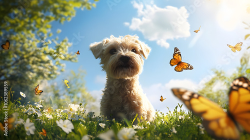 A Joyful Dandie Dinmont Terrier in a Vibrant Park Setting Full of Playful Butterflies and Sunlight photo