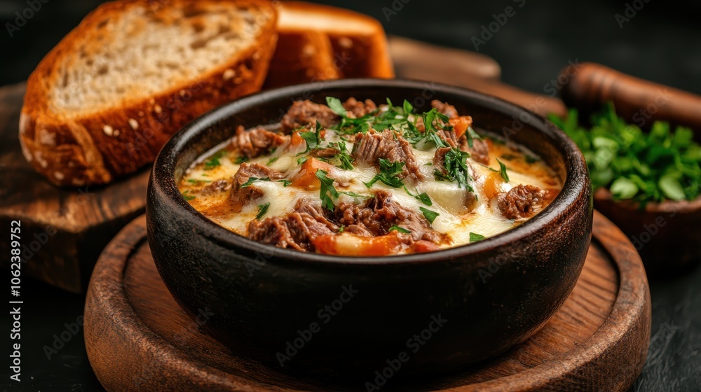 A rich and hearty beef stew in a dark bowl topped with cheese and fresh herbs, accompanied by slices of fresh bread capturing a warm and inviting meal scene. A rich and hearty beef stew in a dark bowl topped with cheese and fresh herbs, accompanied by slices of fresh bread capturing a warm and inviting meal scene.
