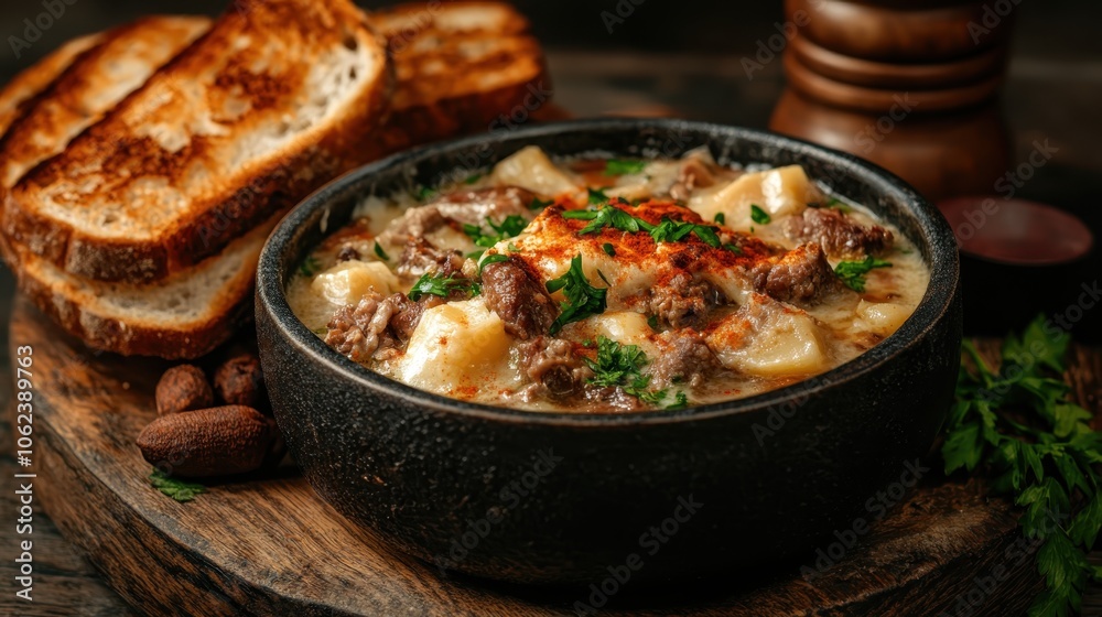 A hearty and rustic beef and potato stew served in a black bowl, artfully garnished with herbs, alongside toasted bread on a wooden board, exuding warmth. A hearty and rustic beef and potato stew served in a black bowl, artfully garnished with herbs, alongside toasted bread on a wooden board, exuding warmth.