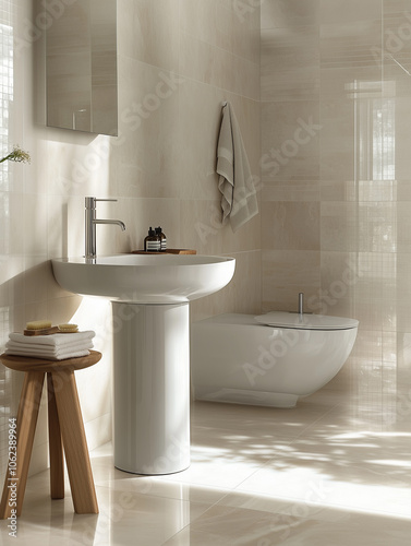 a small modern bathroom with Soft, neutral colors 