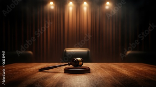 A warmly lit courtroom with an empty central table, focusing on a prominent gavel and bench seating in the background, emphasizing fairness and justice elements.