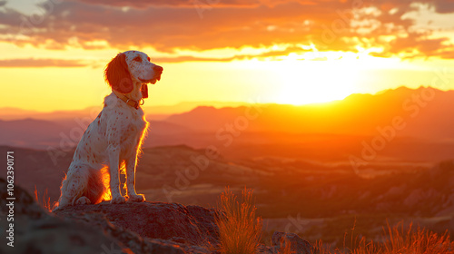 Majestic English Setter Standing Proudly on a Rocky Hilltop Overlooking a Sunset Landscape