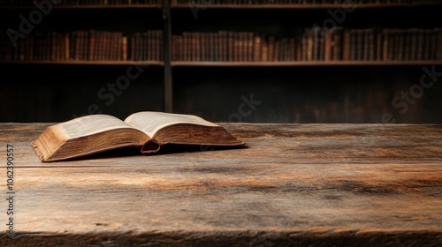 An aged book, with yellowed pages, lies open atop a rustic wooden table against the backdrop of a dimly lit library filled with shelves of old books and tomes.