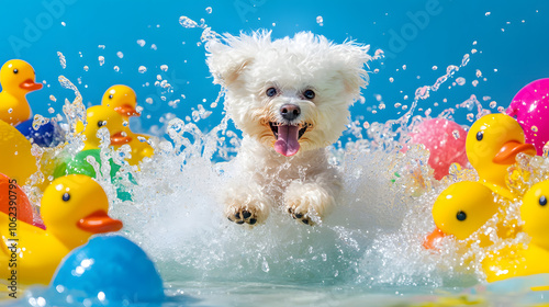 A Fun Summer Day with a Bichon Frise Splashing Around in a Pool with Colorful Rubber Ducks photo