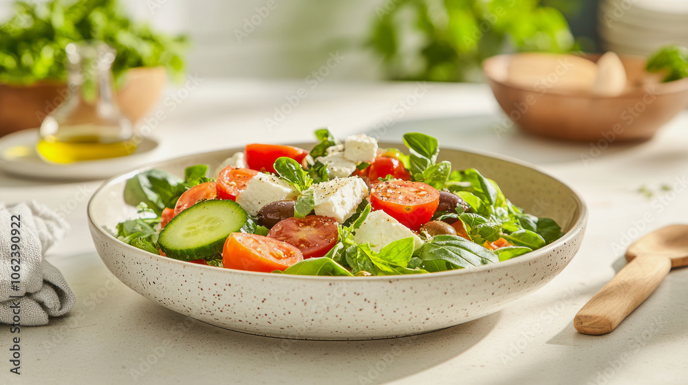 Fresh Mediterranean salad with tomatoes, cucumbers, and feta cheese served in a bowl. Generative AI Fresh Mediterranean salad with tomatoes, cucumbers, and feta cheese served in a bowl. Generative AI