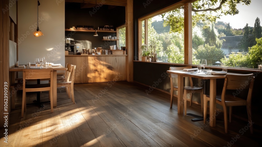 Bright cafe interior featuring wooden furniture and a large window, inviting an abundance of natural light which complements the warm, inviting ambiance perfectly. Bright cafe interior featuring wooden furniture and a large window, inviting an abundance of natural light which complements the warm, inviting ambiance perfectly.