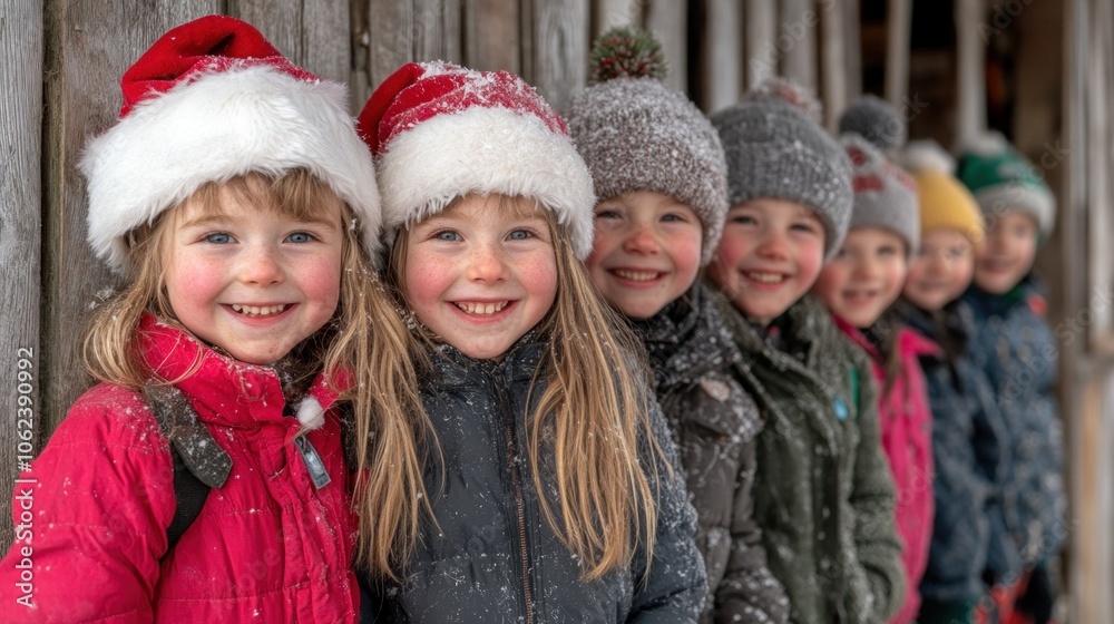 A group of cheerful children dressed in colorful winter attire and festive hats stand together against a rustic wooden backdrop, smiling happily in the snow on a winter day A group of cheerful children dressed in colorful winter attire and festive hats stand together against a rustic wooden backdrop, smiling happily in the snow on a winter day