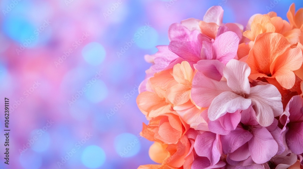 Obraz premium A close-up view of a bouquet featuring soft petals in shades of pink, purple, and orange set against a dreamy, blurred background creating a tranquil ambiance