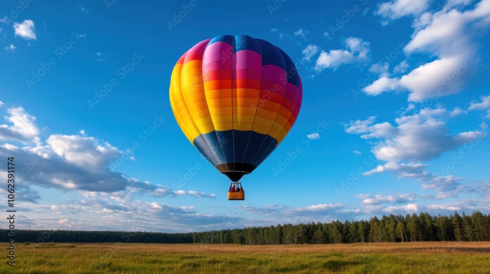 Obraz premium On a sunny day, a vibrant hot air balloon ascends gracefully over a lush green field, surrounded by scattered clouds and blue skies, creating a picturesque landscape
