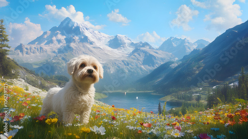 A Dandie Dinmont Terrier Embarking on an Adventurous Hike Through Majestic Mountains and Vibrant Meadows photo