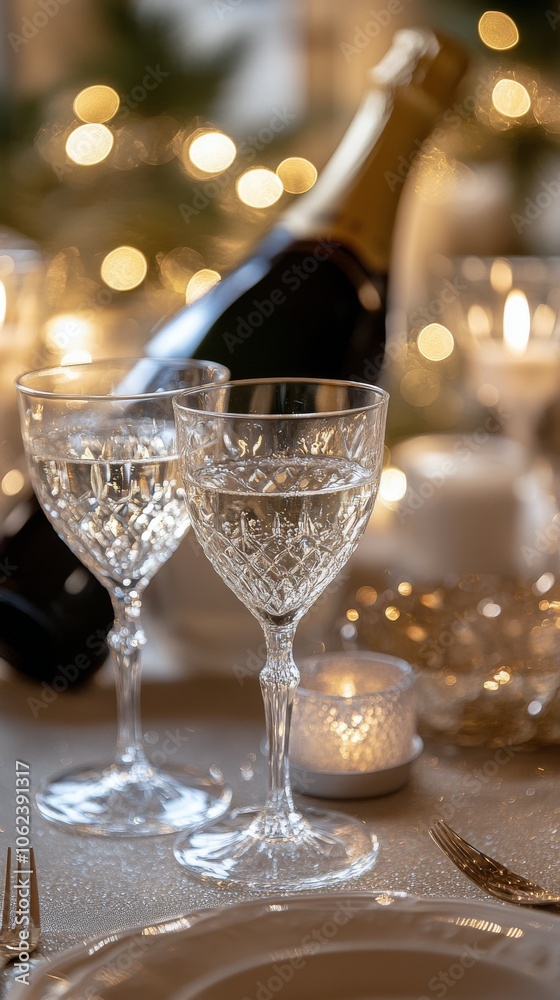 Two elegant champagne flutes filled with bubbly drink stand beside an open bottle Two elegant champagne flutes filled with bubbly drink stand beside an open bottle