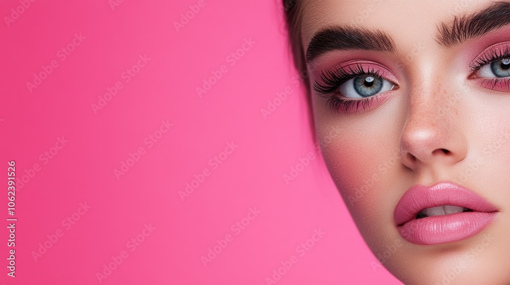 A young woman poses confidently, highlighting her striking makeup, including bold pink eyeshadow and matching lip color, set against a bright pink backdrop A young woman poses confidently, highlighting her striking makeup, including bold pink eyeshadow and matching lip color, set against a bright pink backdrop