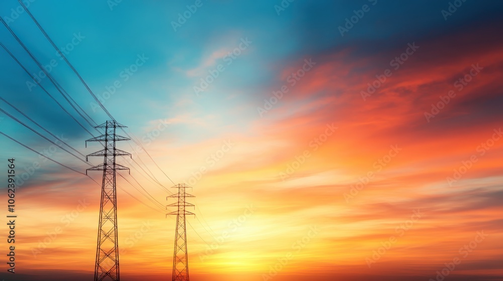 Power lines stretch across a colorful sky during sunset, capturing the blend of human innovation and the tranquility of a dramatic and serene nature scene. Power lines stretch across a colorful sky during sunset, capturing the blend of human innovation and the tranquility of a dramatic and serene nature scene.