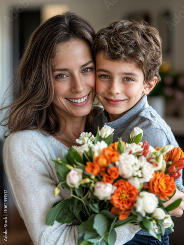 A smiling woman hugs a young boy in a kitchen. They are surrounded by colorful flowers.