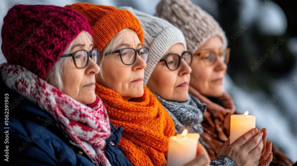 A group of four women stands closely together, holding candles in a peaceful moment, with soft winter attire and serene expressions as the sun sets behind them A group of four women stands closely together, holding candles in a peaceful moment, with soft winter attire and serene expressions as the sun sets behind them