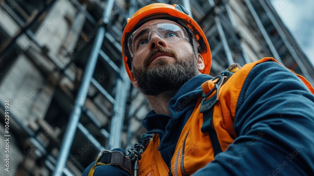 A construction worker wearing an orange helmet and reflective vest looks up at the towering structure of a high-rise building under construction. The cloudy sky looms above A construction worker wearing an orange helmet and reflective vest looks up at the towering structure of a high-rise building under construction. The cloudy sky looms above