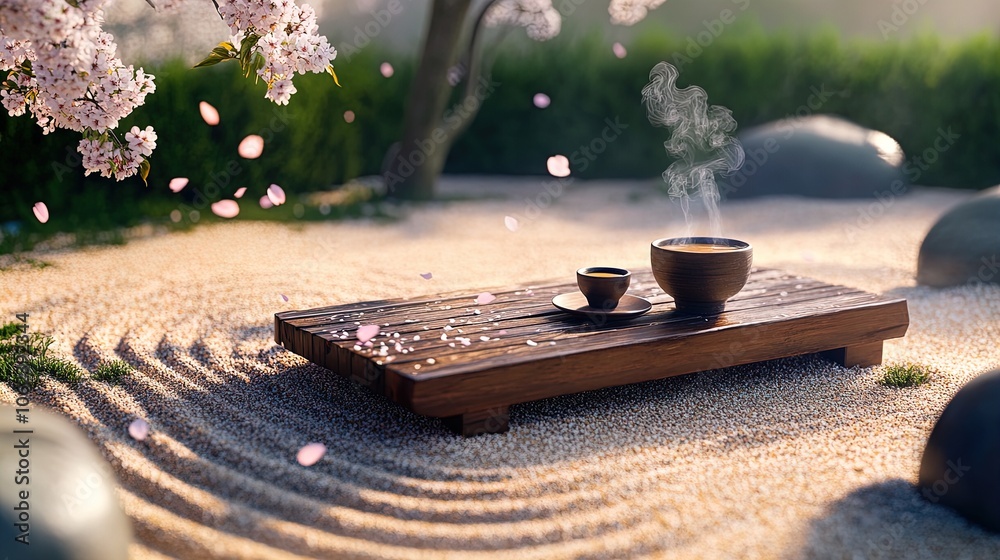 Zen Garden Serenity: A Tranquil Scene with Wooden Bench, Tea, Raked Sand, and Cherry Blossoms - Perfect Poster for Relaxation and Mindfulness Spaces