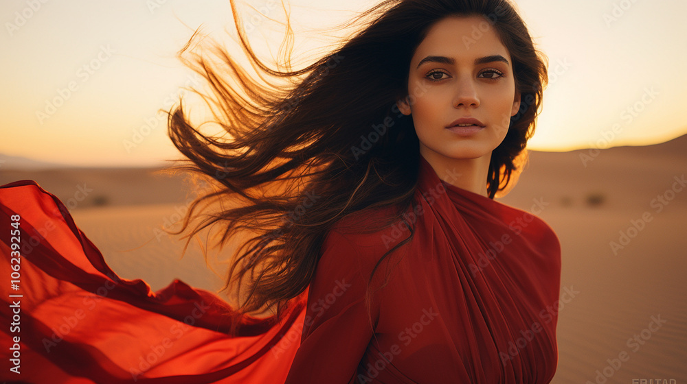 Beautiful exotic Middle Eastern woman standing on a sand dune in the desert with flowing red dress blowing in the wind Beautiful exotic Middle Eastern woman standing on a sand dune in the desert with flowing red dress blowing in the wind