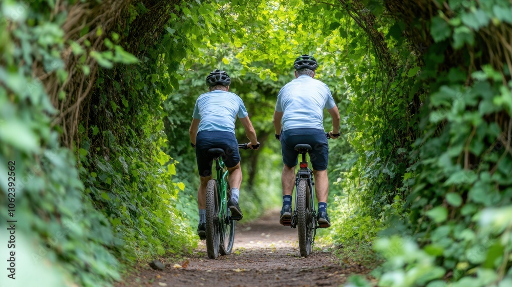 Naklejka premium Two individuals on bicycles navigate a serene, green tunnel created by overhanging foliage. The bright greenery frames their journey, showcasing natureвЂ™s beauty