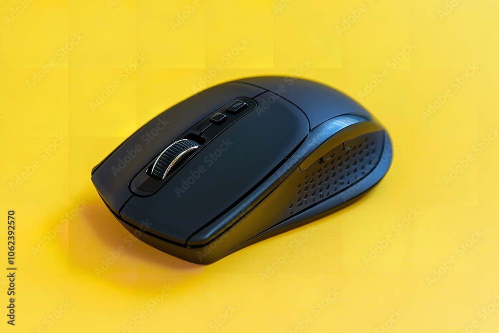 On a bright yellow backdrop, a black wireless mouse, office supplies, and a computer, Generative AI. On a bright yellow backdrop, a black wireless mouse, office supplies, and a computer, Generative AI.