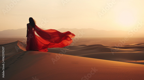 Beautiful exotic Middle Eastern woman standing on a sand dune in the desert with flowing red dress blowing in the wind