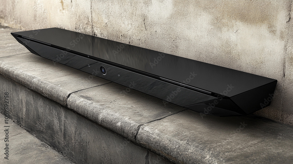 Sleek black soundbar on urban stone steps in natural light Sleek black soundbar on urban stone steps in natural light
