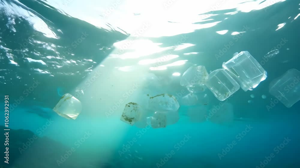 Plastic items and ice cubes floating underwater, emphasizing ocean pollution and environmental impact
