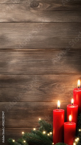 candles are placed on an old wooden table, surrounded by green pine branches, creating a warm ambiance for Christmas