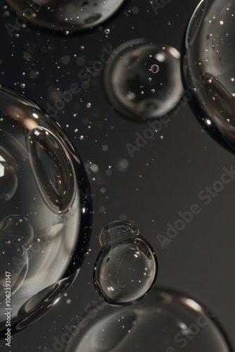 futuristic liquid big bubbles dark grey and black gradient. Smooth background with water drops
