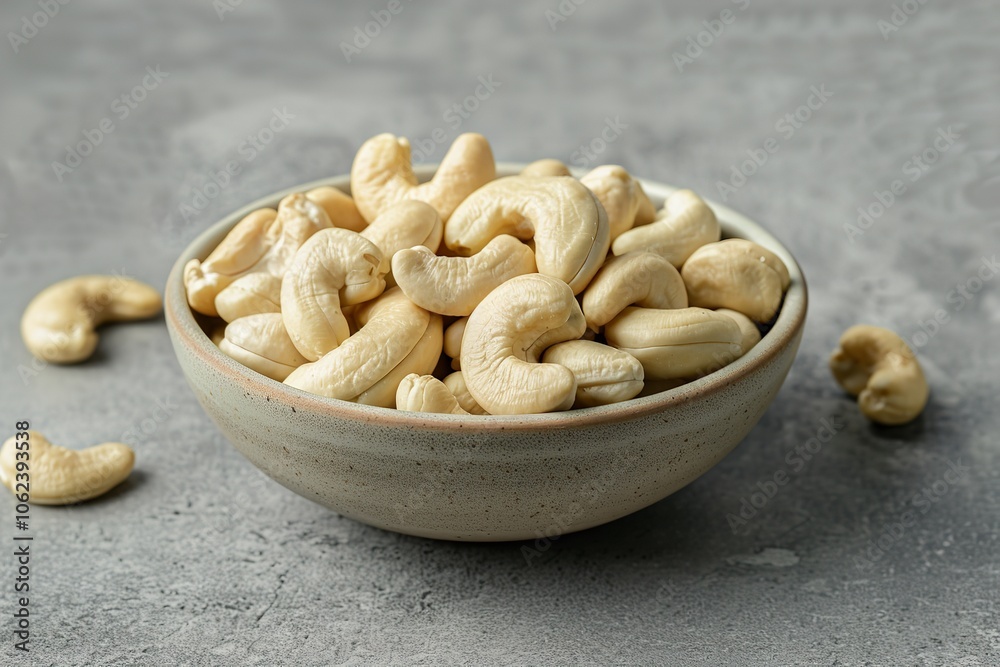 Raw cashew nuts on the kitchen table in a bowl, Generative AI. Raw cashew nuts on the kitchen table in a bowl, Generative AI.