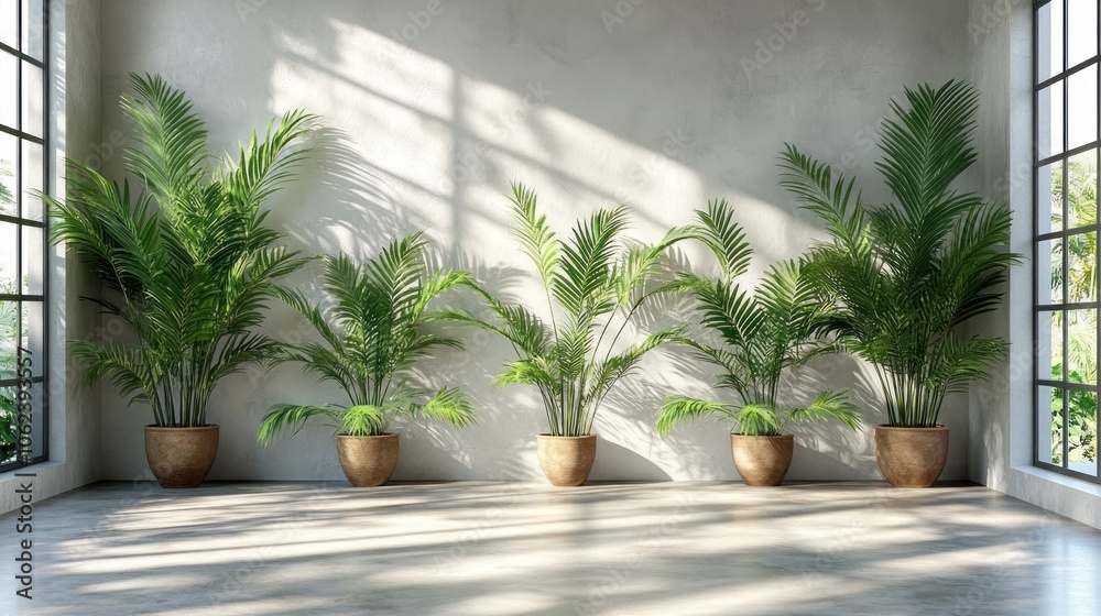 Fototapeta premium A serene indoor environment showcases four lush potted plants arranged along a sunlit wall, surrounded by large windows that allow natural light to flood the space