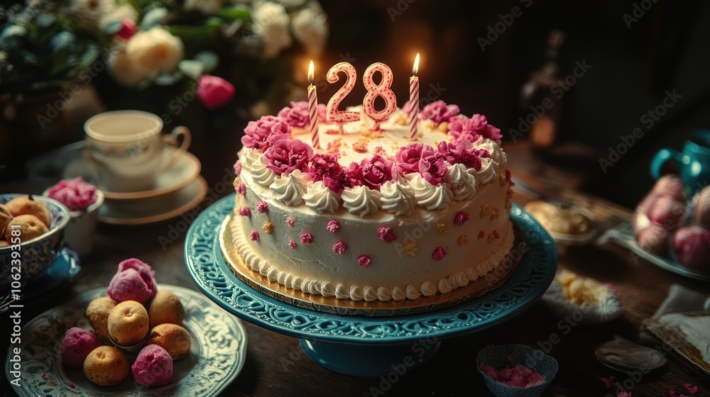A delicious white cake with pink frosting and pink flowers on top, lit candles in the shape of the number 28, and a teacup and saucer in the background, on a wooden table. A delicious white cake with pink frosting and pink flowers on top, lit candles in the shape of the number 28, and a teacup and saucer in the background, on a wooden table.