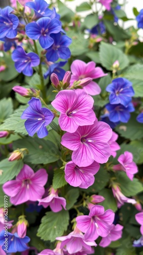 Pink and blue flowers bloom in a garden