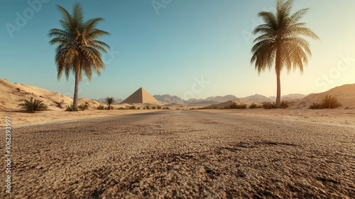 A quiet desert highway extends towards a lone pyramid with palm trees dotting the horizon against a sunny  clear sky  capturing nature s solitude and wonder.