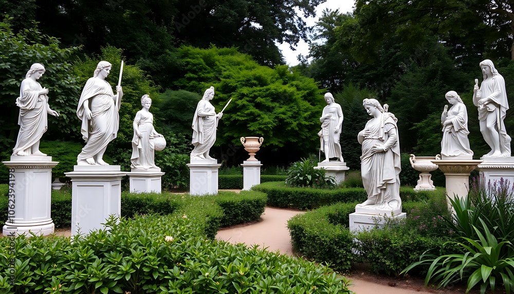 An elegant garden scene showcasing classical sculptures amidst lush greenery. An elegant garden scene showcasing classical sculptures amidst lush greenery.