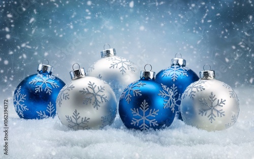 Blue and silver Christmas ornaments with snowflakes on a snowy background.