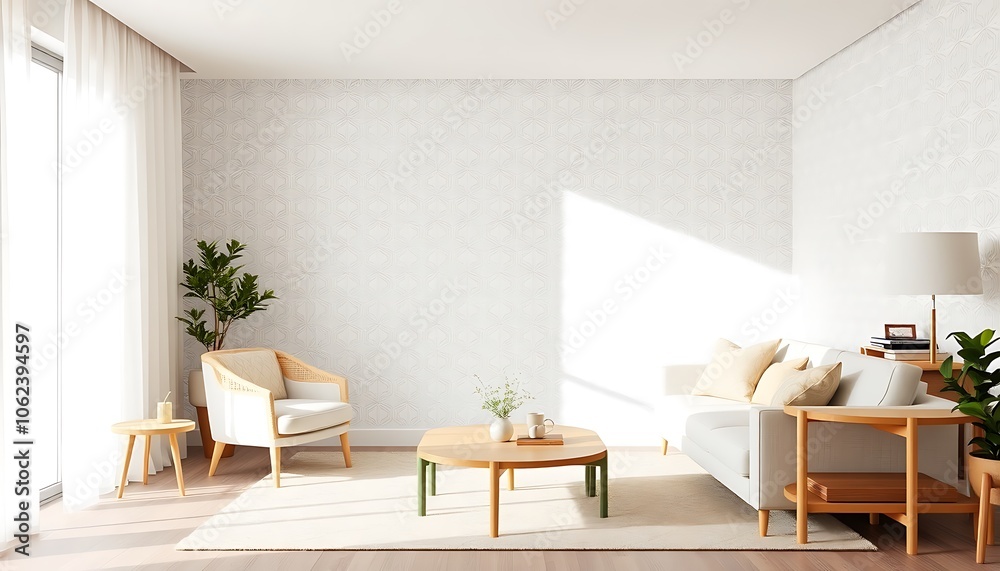 Fototapeta premium A minimalist, serene living room with a subtle geometric patterned wallpaper, featuring intricate.
