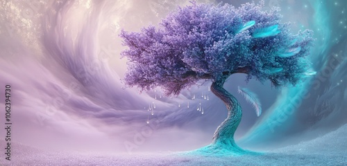 A lavender and teal tree with gradient feathers, dewdrops, set against a vortex and lilac-blue mist. photo