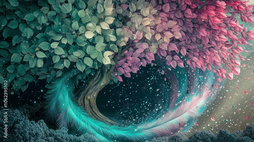 Fototapeta premium A lush 3D mural featuring a tree with pastel green and fuchsia leaves, with feathers fading from teal to magenta, covered in dewdrops, swirling into a time-bending vortex.