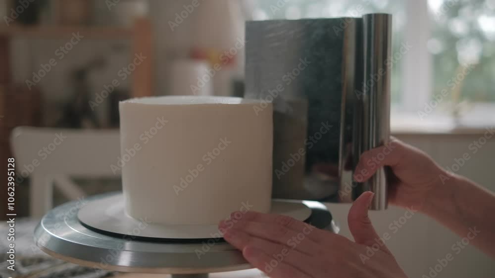 Pastry chef uses a metal spatula to smooth white icing on the side of a cake Pastry chef uses a metal spatula to smooth white icing on the side of a cake