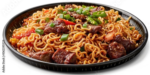 With a clipping path in the top view, yakisoba with noodles, beef, and veggies on a dish is isolated on a white background, Generative AI.