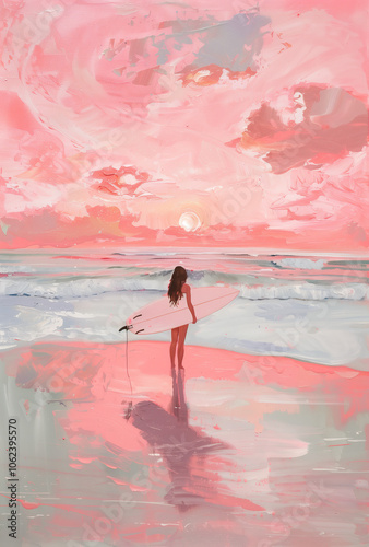 girl with surf board on the beach, pink sky painting photo