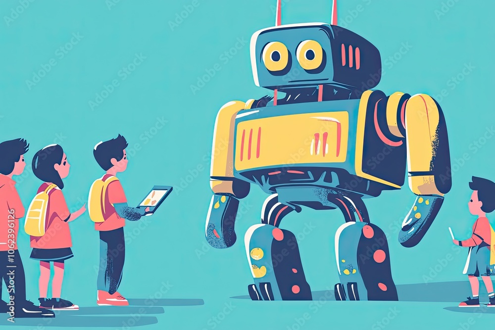 A large robot interacts with school children, symbolizing AIÕs ...