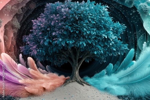 A lush 3D mural of a tree with lavender and deep blue leaves, surrounded by feathers fading from pink to teal, dewdrops glistening, set against a tranquil, time-bending vortex. photo